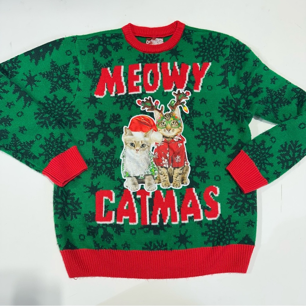 Party Sweater Meowy Catmas Christmas Sweater Adult Size L Green Red Holiday